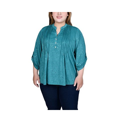 NY Collection Plus Size 3/4 Sleeve Roll Tab Y Neck Top