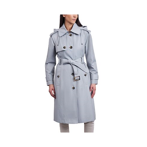 London Fog Womens Petite Single-Breasted Hooded Belted Trench Coat