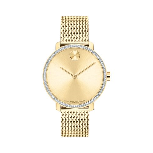 Movado Womens Swiss Bold Shimmer Gold Ion Plated Stainless Steel Mesh Bracelet Watch 34mm