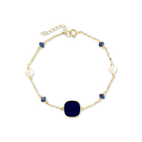 EFFY Collection EFFY Lapis Lazuli Freshwater pearl (4-1/2mm)& Sapphire (1/2 ct. t.w.) Station Bracelet in 14k Gold