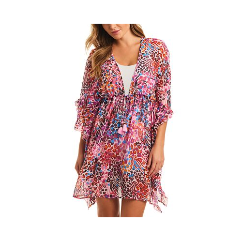 Jessica Simpson Womens Abstract-Print Side-Frill Cover-Up Dress