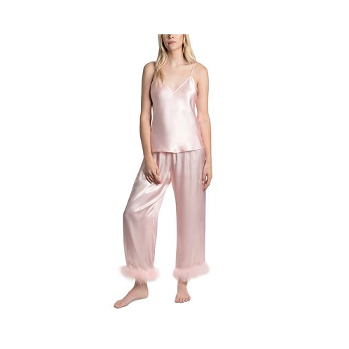 Linea Donatella Womens Marabou 2-Pc. Satin Pajamas Set