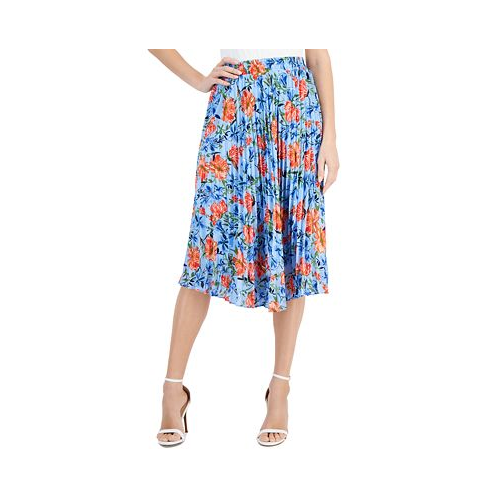 T Tahari Womens Floral Printed Elastic-Waist Pull-On Pleated Midi Skirt