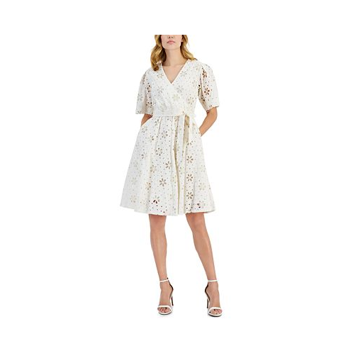 T Tahari Womens Floral Embroidered Eyelet Fit & Flare Dress