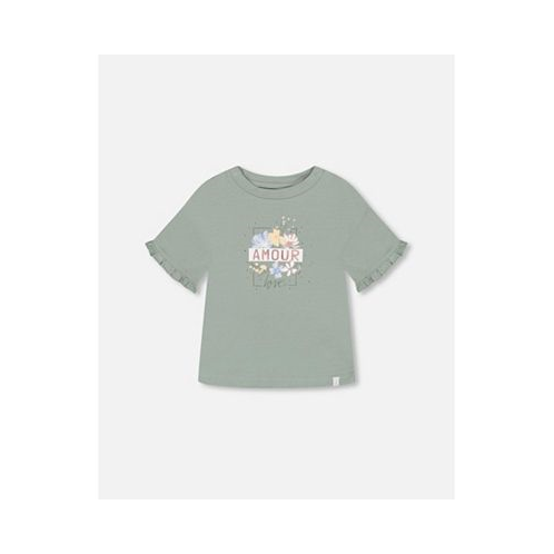 Deux par Deux Girl Organic Cotton Top With Print And Frills Olive Green - Child