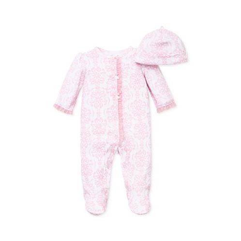 Little Me Baby Girls Damask Footed Coverall and Hat 2 Piece Set