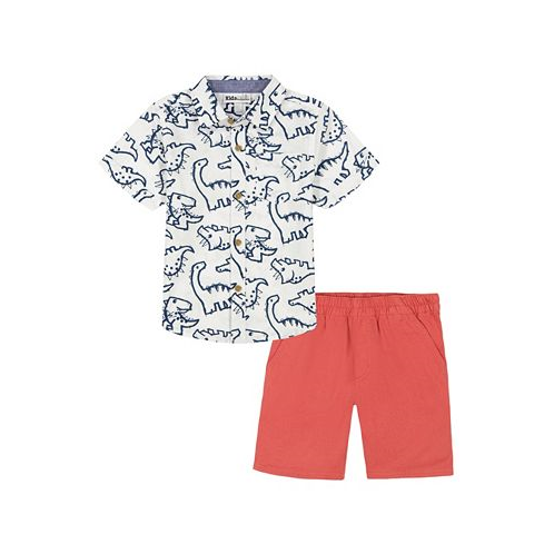 Kids Headquarters Toddler Boys Short Sleeve Dinosaur Print Poplin Shirt and Twill Shorts 2 Piece Set