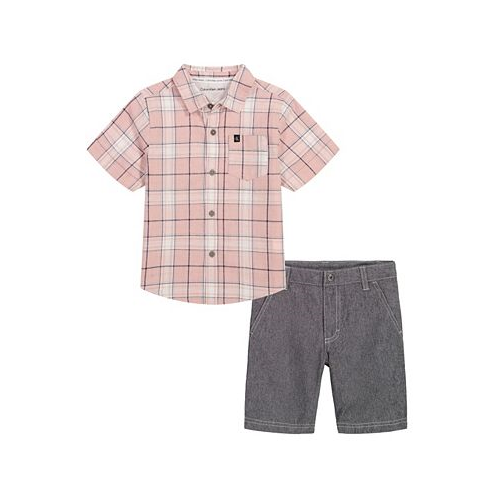 Calvin Klein Little Boys Plaid Slub Button-Up Short Sleeve Shirt and Twill Shorts 2 Piece Set