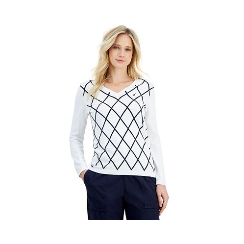 Nautica Jeans Womens Cotton Argyle V-Neck Sweater