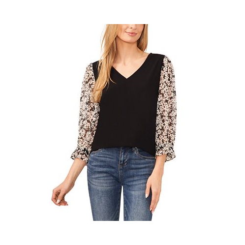 CeCe Womens Floral V-Neck Mix-Media 3/4-Sleeve Knit Top