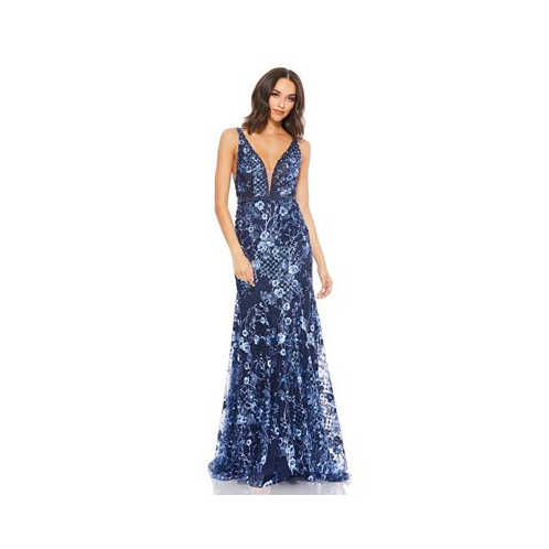 Mac Duggal Womens Floral Embellished Sleeveless Plunge Neck Gown