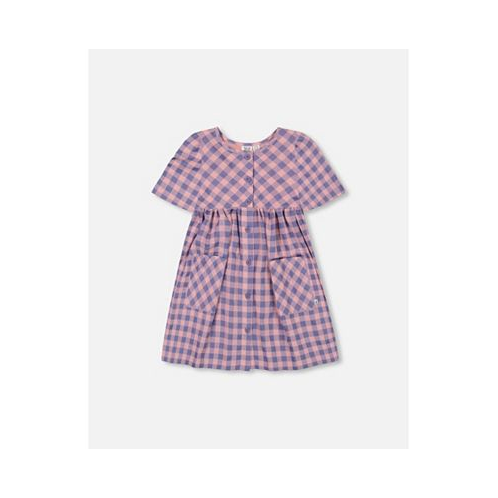 Deux par Deux Girl Button Front Dress With Pockets Plaid Pink And Blue - Toddler Child