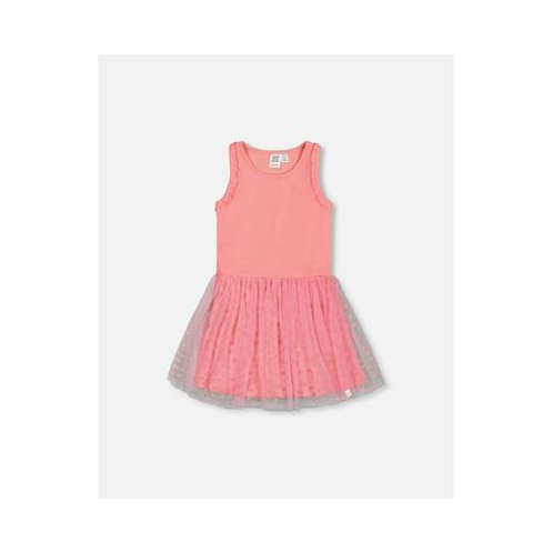 Deux par Deux Girl Shiny Ribbed Dress With Mesh Flocking Flowers Pink - Child