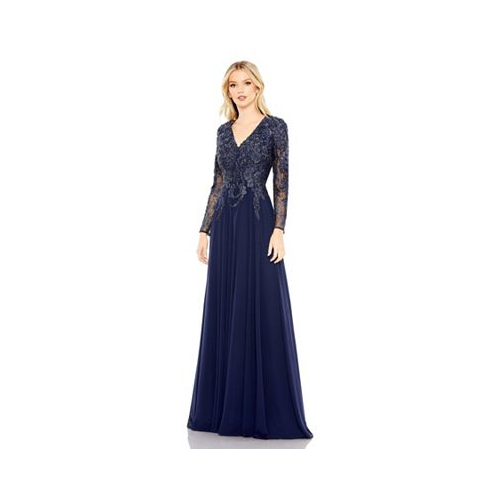 Mac Duggal Womens Embroidered Illusion Long Sleeve V Neck Gown