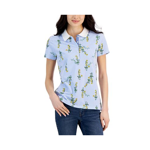 Nautica Jeans Womens Floral-Print Short-Sleeve Polo Shirt