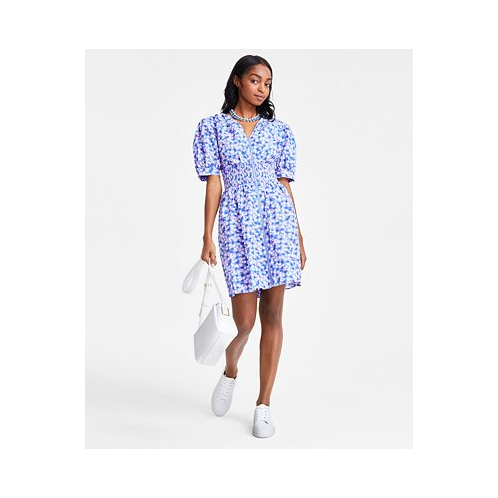 On 34th Womens Printed Cotton Zip-Front Puff-Sleeve Dress