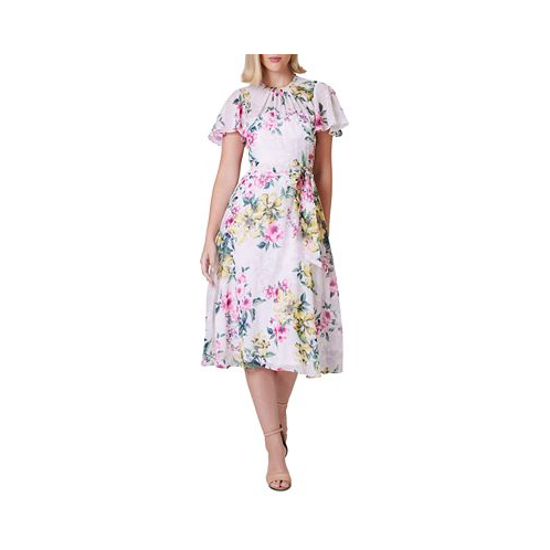 Jessica Howard Petite Printed Flutter-Sleeve Tie-Waist Dress