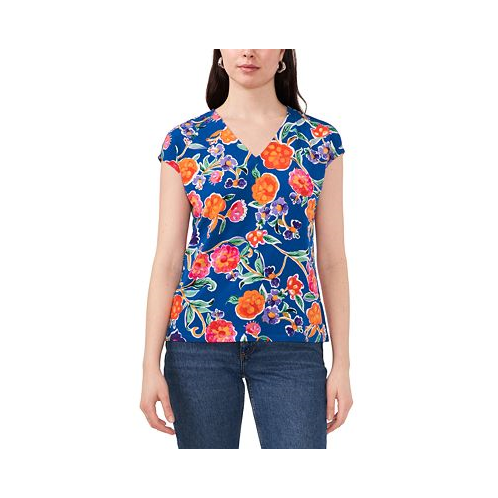 Vince Camuto Womens Floral V-Neck Cap Sleeve Knit Top