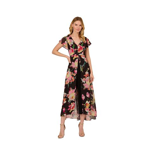 Adrianna Papell Womens Floral Flutter-Sleeve Jumpsuit