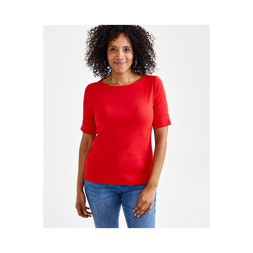 Style & Co Petite Cotton Elbow-Sleeve Boat-Neck Top