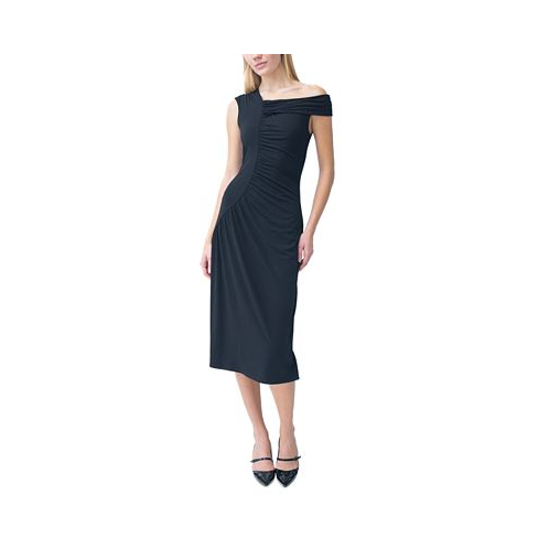 ADRIENNE LANDAU Womens Asymmetric-Neck Shirred Midi Dress
