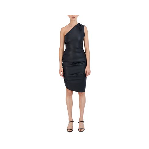 BCBG NEW YORK Womens Faux-Leather One-Shoulder Dress