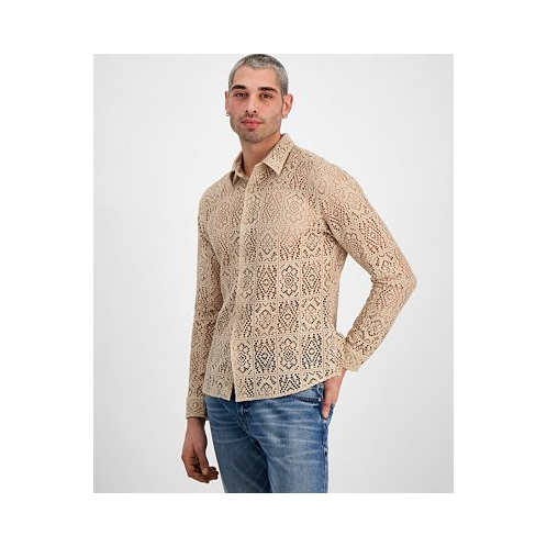 GUESS Mens Long Sleeve Craft Crochet Shirt