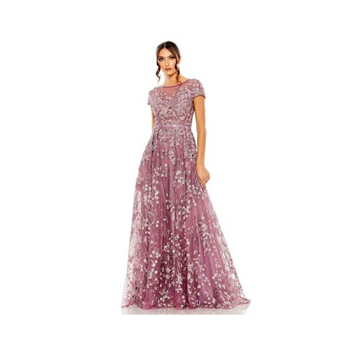 Mac Duggal Womens Embellished Floral Cap Sleeve A Line Gown