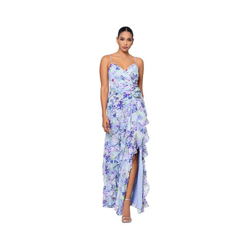 XSCAPE Womens Floral-Print Rosette Ruffled Gown