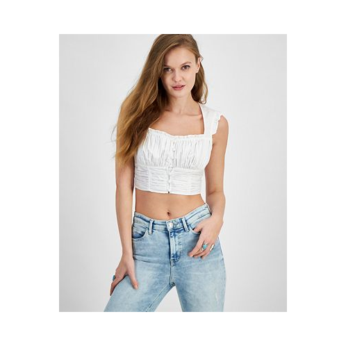 GUESS Womens Zoe Ruffled Smocked Cropped Top