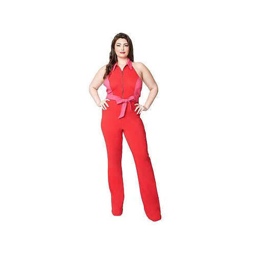 Smak Parlour Plus Size Red & Pink Heart Pocket Front Zip Halter Jumpsuit