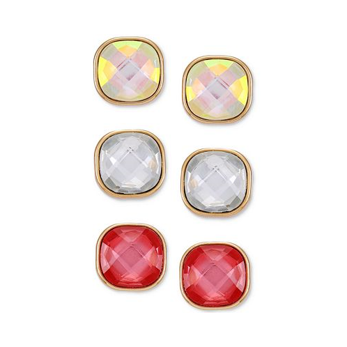 GUESS Gold-Tone 3-Pc. Set Faceted Crystal Stud Earrings