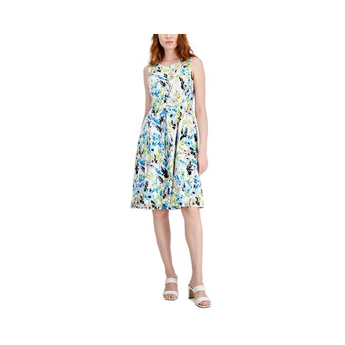 Kasper Womens Linen-Blend Printed Sleeveless Flared-Skirt Dress