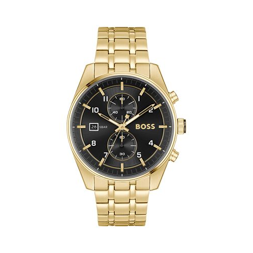 Hugo Boss BOSS Mens Skytraveller Quartz Fashion Chrono Ionic Plated Thin Gold-Tone Steel Watch 44mm