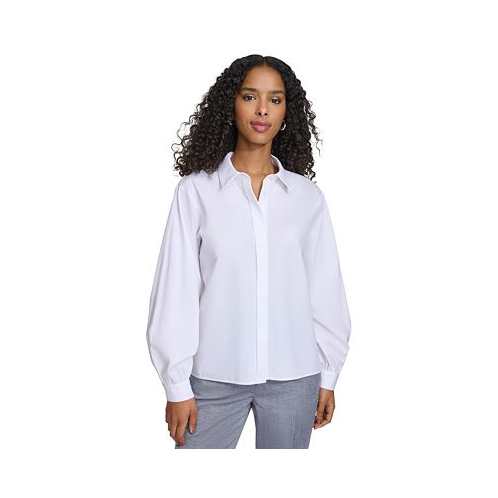 Calvin Klein Womens Long-Sleeve Button-Down Covered-Placket Cotton Top