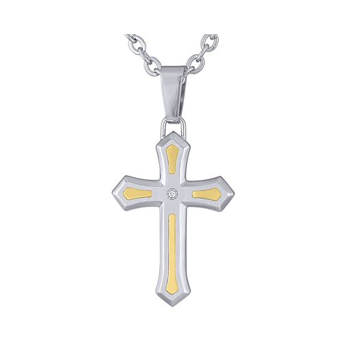 Macys Mens Diamond Accent Cross 22 Pendant Necklace in Stainless Steel & 10k Gold