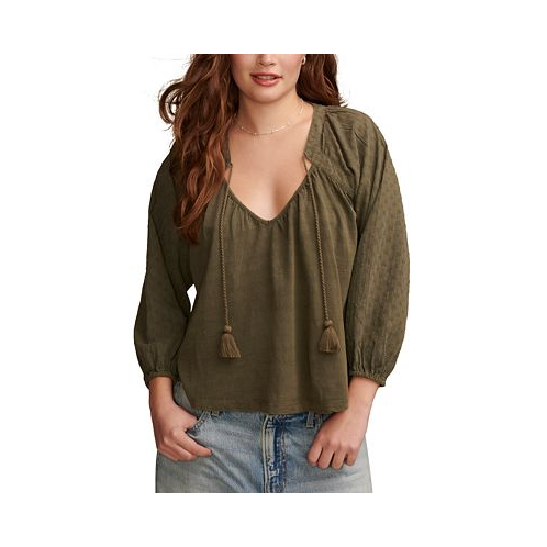 Lucky Brand Womens Cotton Textured Peasant Blouse