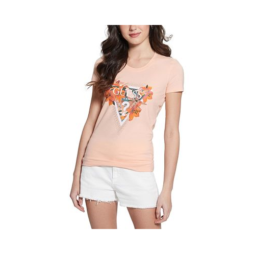 GUESS Womens Triangle Floral Logo Embellished T-Shirt