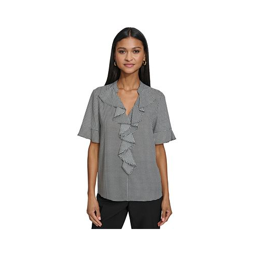 Karl Lagerfeld Womens Printed Ruffled-Front Blouse