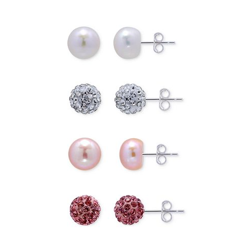 Macys 4-Pc. Set White & Dyed Pink Cultured Freshwater Pearl & Crystal Fireball Stud Earrings in Sterling Silver