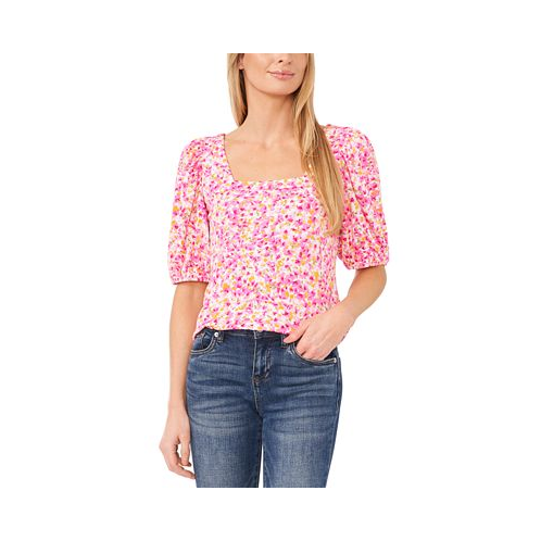 CeCe Womens Floral Print Square Neck Puff Sleeve Knit Top