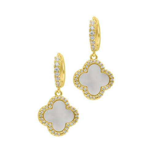 ADORNIA 14K Gold-Plated Crystal Halo White Mother-of-Pearl Clover Dangle Huggie Earrings