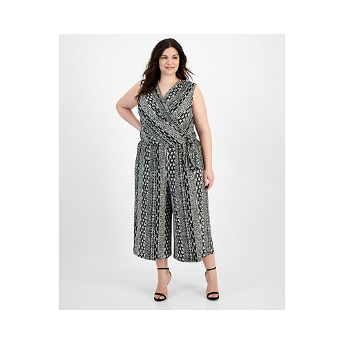 Connected Plus Size Printed Surplice Sleeveless Cropped Jumpsuit