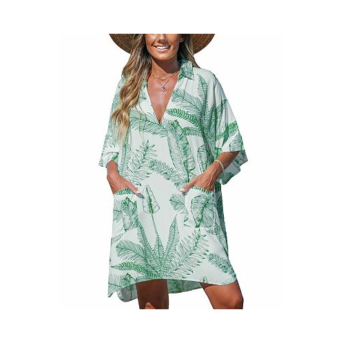 CUPSHE Womens Green-and-White Palm Leaf Collared V-Neck Cover-Up