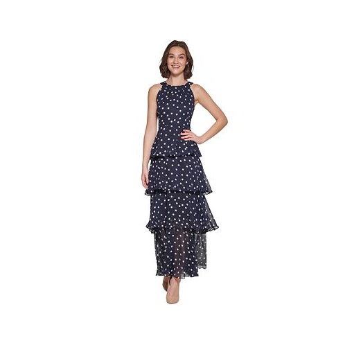 Tommy Hilfiger Womens Dot-Print Tiered Maxi Dress