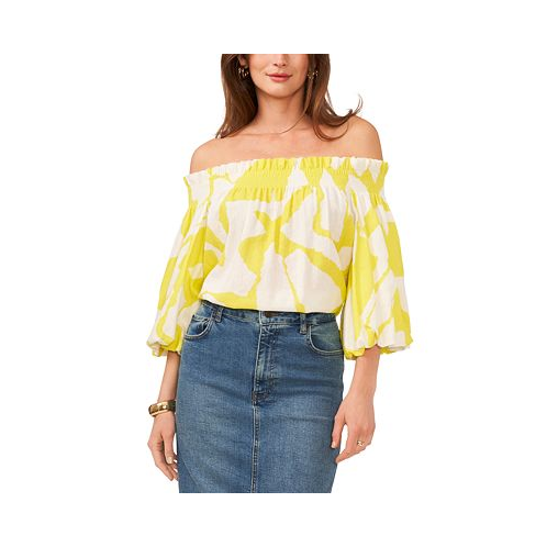 Vince Camuto Womens Printed Off-The-Shoulder Blouson-Sleeve Top