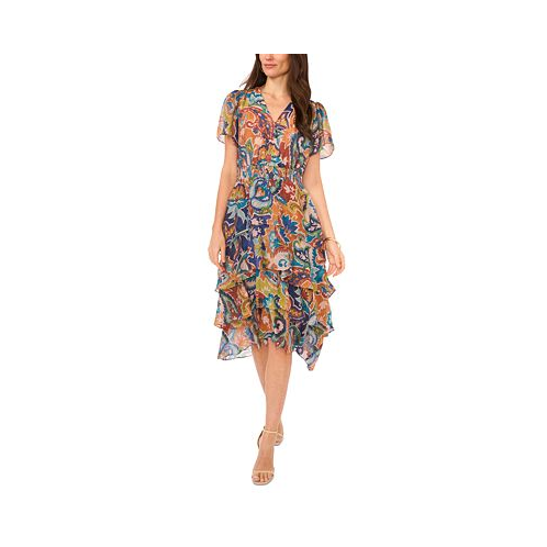 Vince Camuto Womens Printed Tiered Smocked-Waist Dress