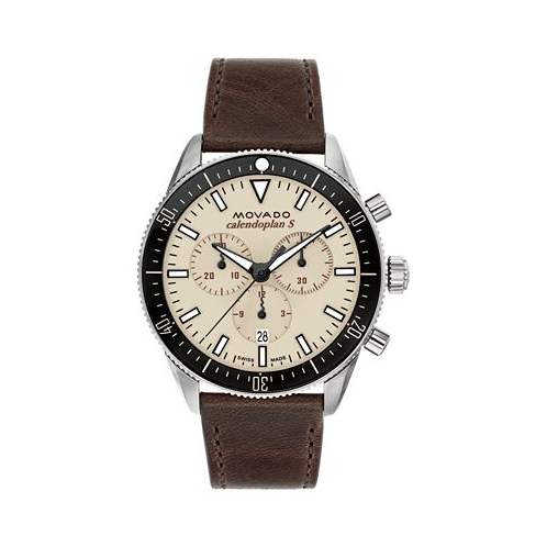Movado Mens Swiss Chronograph Calendoplan S Cognac Leather Strap Watch 42mm