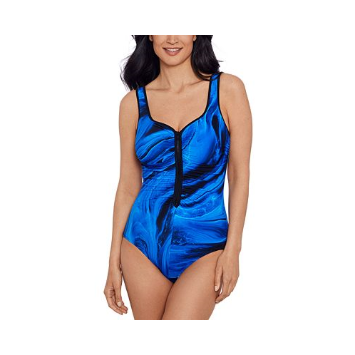 Swim Solutions Womens Shirred Zip-Front One-Piece Swimsuit