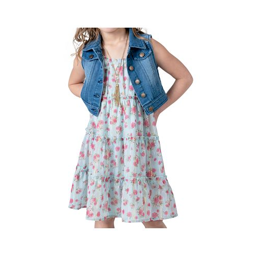 Rare Editions Toddler & Little Girls Denim Vest Dress Outfit with Necklace 3 PC